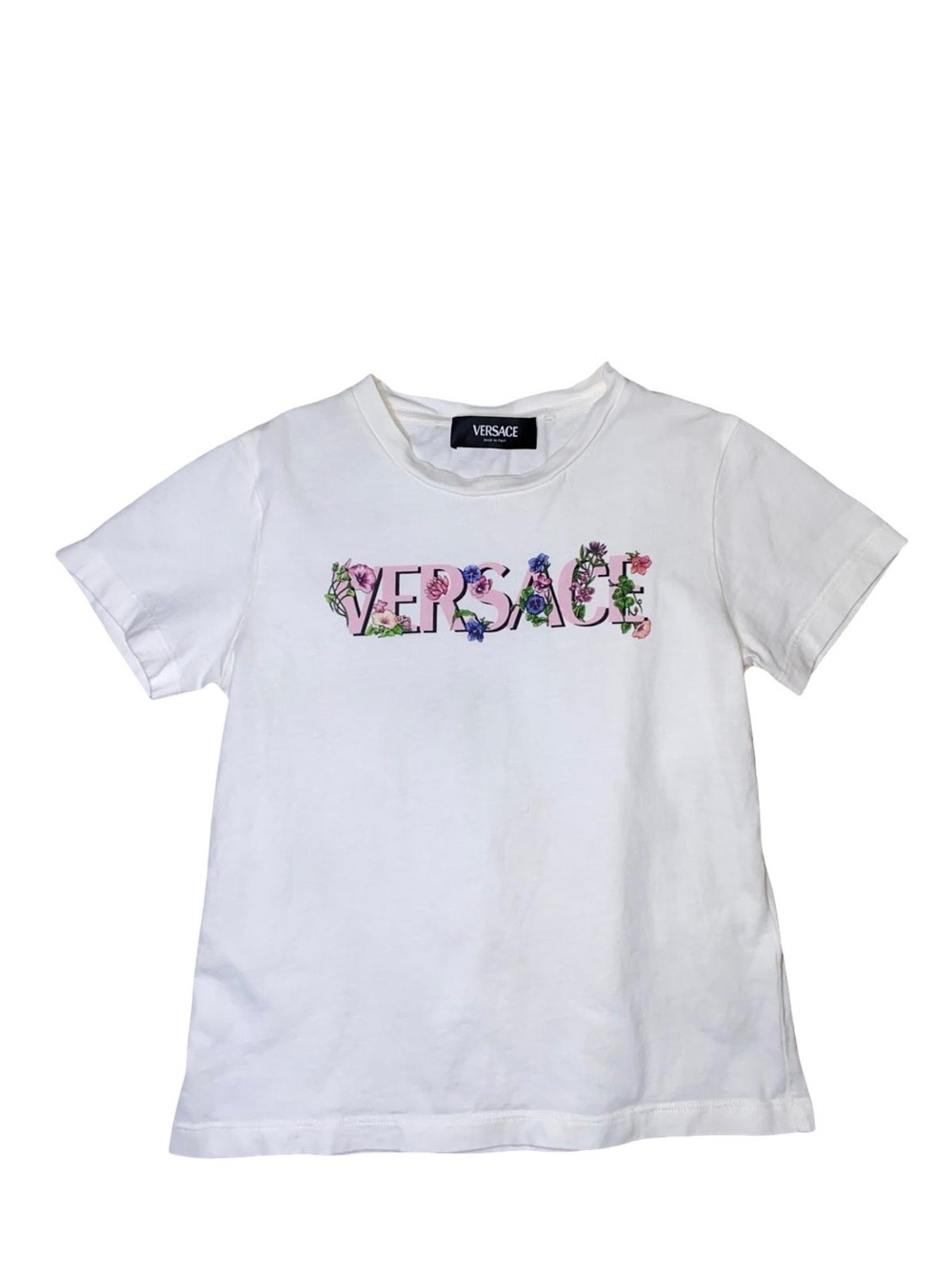 Versace Kids White Floral Logo Graphic Cotton T-Shirt Size 8Y - stained